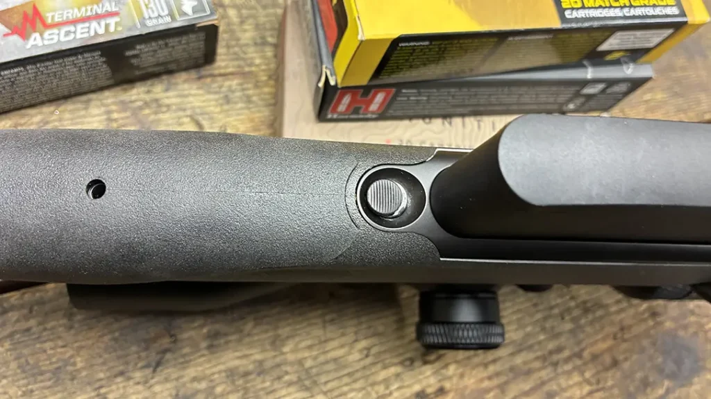 Flush-fitting 3-round and 5-round single-stack detachable magazines are released by a spring-loaded button in front of the magazine under the forend. The button can slide forward to lock the button out.