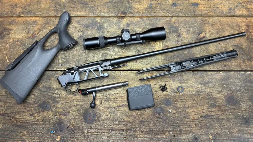 The Sauer 505 Synchro XT shows there are different ways to gracefully do both chassis and modular rifles. The stock furniture consists of a separate buttstock and forend sandwiching the receiver. A 4MM Allen Wrench that travels with the rifle, discreetly concealed under the rifle’s QD sling swivel stud, enables breaking the rifle down.