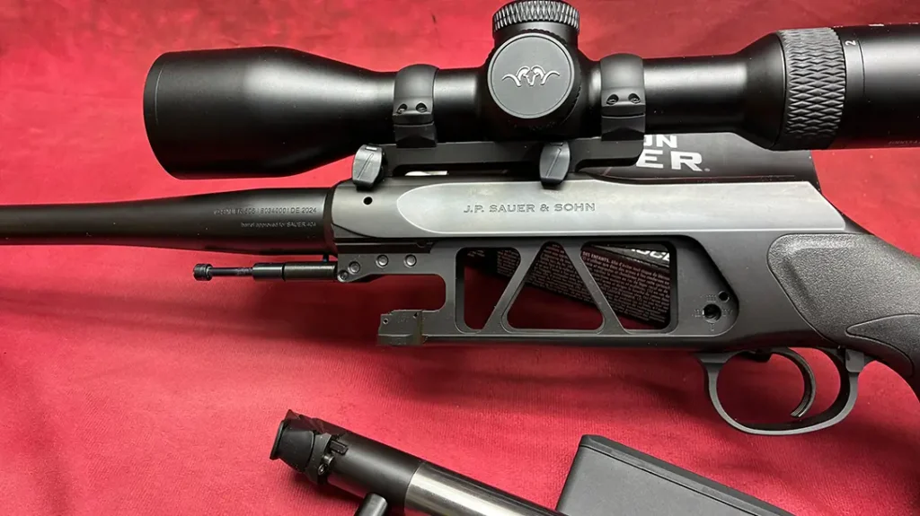 The Blaser optic and mounting method could spawn an article of their own. Blaser mounts their optics via recesses machined directly into the receiver, accepting a saddle scope mount. Manipulating/rotating two small levers on the Blaser mount is all that is needed to mount/remove the optic.