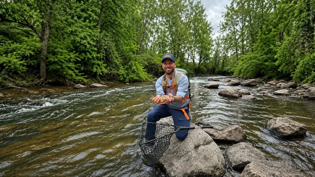 Man fishing in river, holding net, wearing blue shirt and orange vest, surrounded by rocks and green trees.